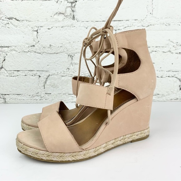 Frye Roberta Ghillie Espadrille Wedge Nude Leather Sandal Tie Lace Up 9 - Picture 2 of 11